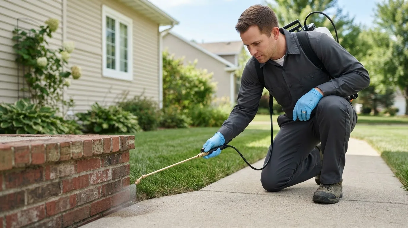 Pest control technician treating a home near Rye Beach, NH